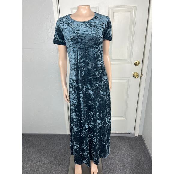 Vintage Maurices Crushed Velvet Maxi Dress Stretch Short Sleeve Blue Long RR16 - Picture 1 of 6